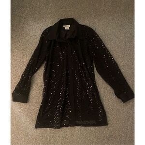Vintage CLARA S Women's Black Sequin Sheer Mesh Long‎ Sleeve Blouse L